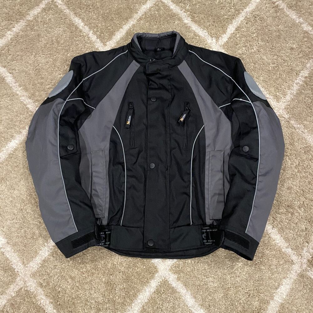 Men’s Xelement Motorcycle Riding Jacket Tri-Tex Armored Black Grey Biker Large